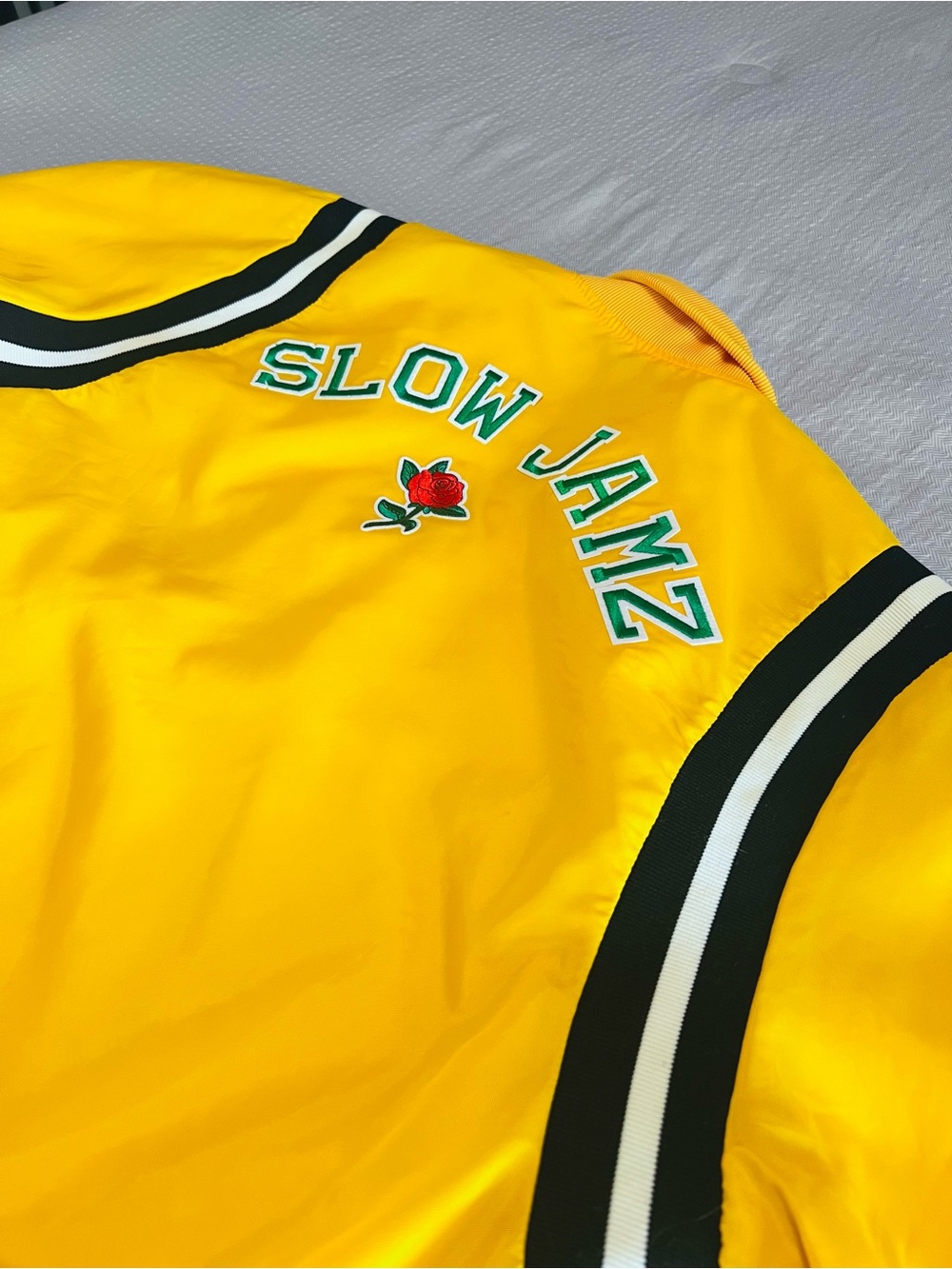 Slow Jamz XL up cycle bomber jacket with hand pressed varsity letters